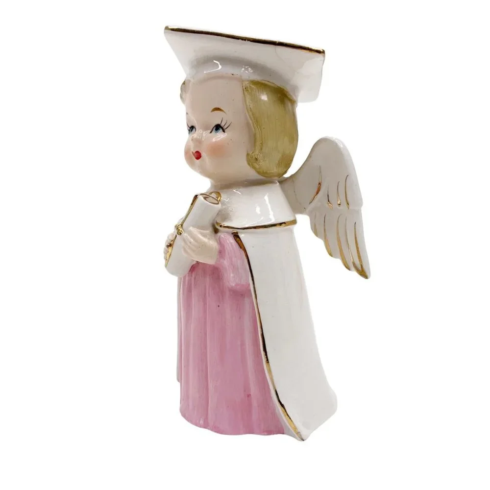 Vtg Graduation Angel Figurine Girl Cap Gown Diploma Graduate Pink White Japan